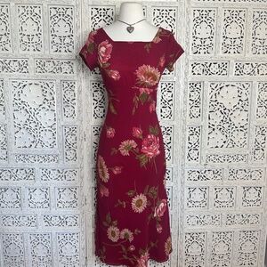 Vintage Red Floral Square Neck Cottage Core Short Sleeve Midi Dress Sz XS